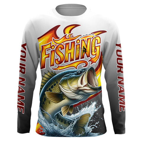 Maxcorners Custom Largemouth Bass Flame Fishing Shirts, Bass Long Sleeve Fishing Jerseys Fishing Gifts LM2408