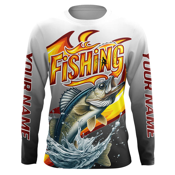 Maxcorners Custom Walleye Flame Fishing Shirts, Walleye Long Sleeve Fishing Jerseys Fishing Gifts LM2408