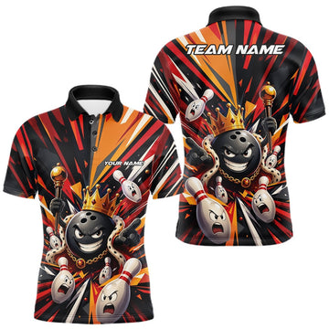 Maxcorners Custom Funny Bowling King Men Polo Shirt With Crowned Cartoon Bowling Ball And Pins LM2806