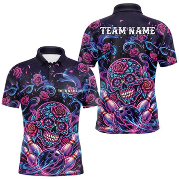 Maxcorners Custom Pink Purple And Blue Roses Sugar Skull Halloween Bowling Men Polo Team Shirt LM0409
