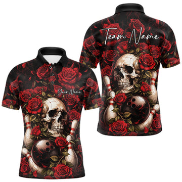 Maxcorners Custom Red Roses And Skull Halloween Bowling Team Men Polo Shirt, Bowler Outfit LM0409