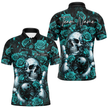 Maxcorners Custom Turquoise Blue Roses And Skull Halloween Bowling Team Men Polo Shirt, Bowler Outfit LM0409
