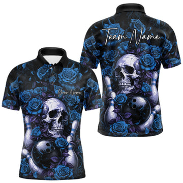 Maxcorners Custom Blue Roses And Skull Halloween Bowling Team Men Polo Shirt, Bowler Outfit LM0409