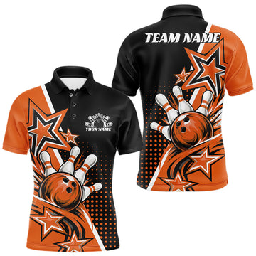Maxcorners Custom Black And Orange Star Bowling Jersey, Bowling League Team Men Polo Shirt