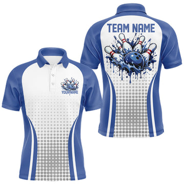 Maxcorners Custom White And Blue Dripping Bowling League Men Polo Shirt, Team Tournament Jersey