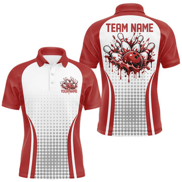 Maxcorners Custom White And Red Dripping Bowling League Men Polo Shirt, Team Tournament Jersey