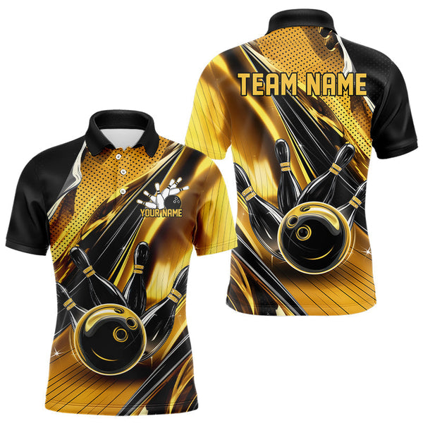 Maxcorners Custom Black And Gold Bowling Jerseys For Men, Bowling Team Polo Shirts With Name LM2110