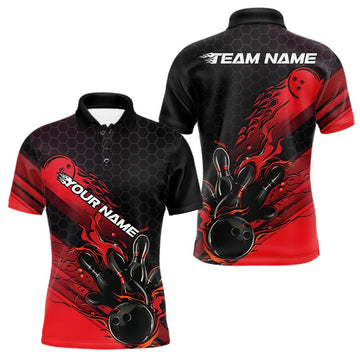 Maxcorners Custom Black And Red Flame Bowling Team Shirts, Bowling League Shirt Men Bowling Jersey