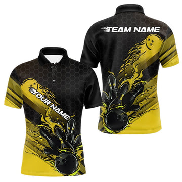 Maxcorners Custom Black And Yellow Flame Bowling Team Shirts, Bowling League Shirt Men Bowling Jersey