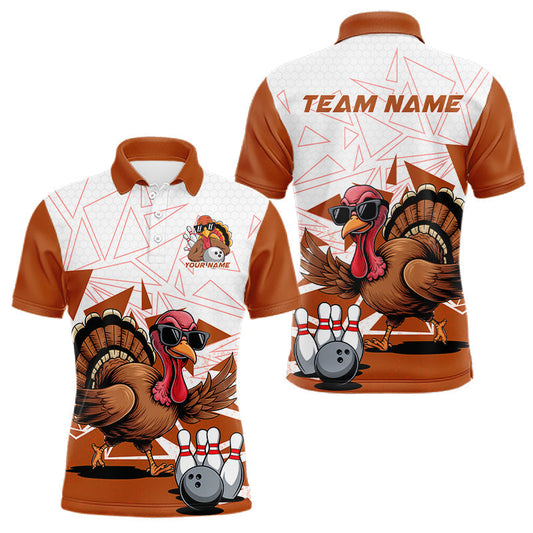 Maxcorners White And Orange Custom Funny Turkey Bowling Men Shirt, Bowling League Team Shirt LM2602