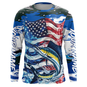 Maxcorners Sailfish Fishing Custom Long Sleeve Fishing Shirts, American Flag Patriotic Sailfish Fishing Shirt LM0501