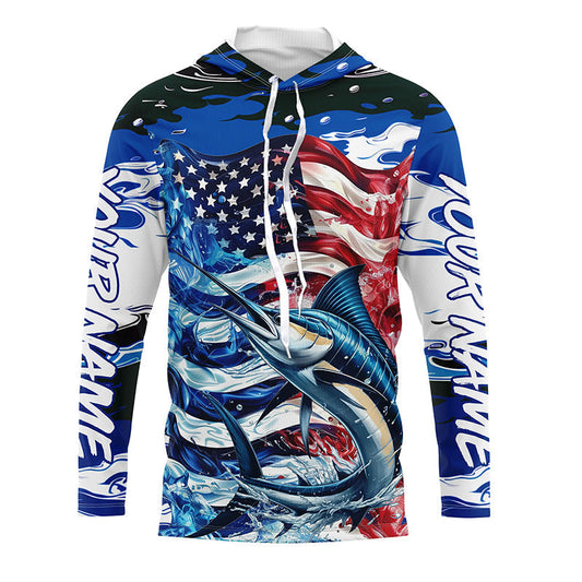Maxcorners Marlin Fishing Custom Long Sleeve Fishing Shirts, American Flag Patriotic Marlin Fishing Shirt LM0501