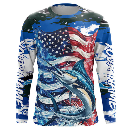 Maxcorners Marlin Fishing Custom Long Sleeve Fishing Shirts, American Flag Patriotic Marlin Fishing Shirt LM0501