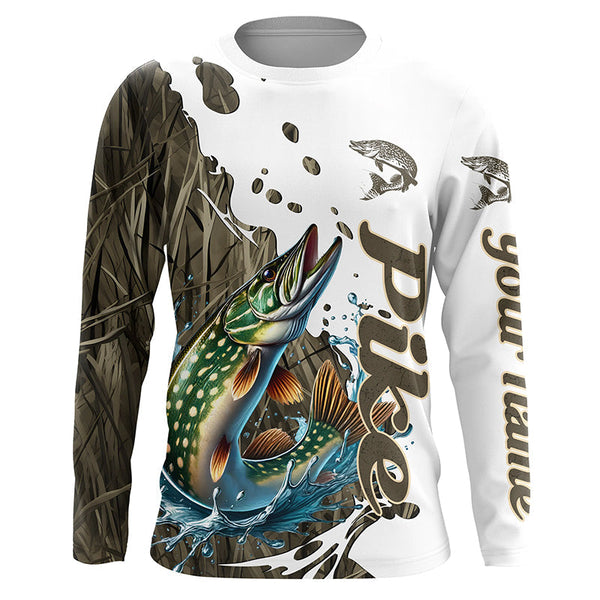 Maxcorners Grass Lake Camo Custom Pike Fishing Long Sleeve Shirts, Pike Tournament Fishing Shirt MT2108