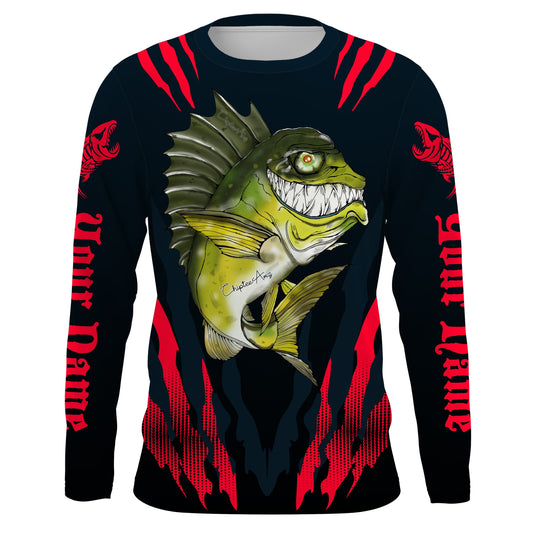 Maxcorners Angry Bass Fishing Custom Long sleeve Fishing Shirts, Bass fish reaper fishing jerseys | red LM0201