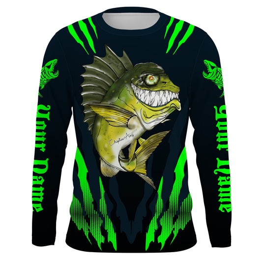 Maxcorners Angry Bass Fishing Custom Long sleeve Fishing Shirts, Bass fish reaper fishing jerseys | green LM0201