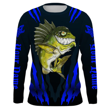 Maxcorners Angry Bass Fishing Custom Long sleeve Fishing Shirts, Bass fish reaper fishing jerseys | blue LM0201