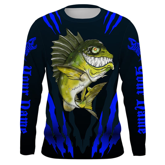 Maxcorners Angry Bass Fishing Custom Long sleeve Fishing Shirts, Bass fish reaper fishing jerseys | blue LM0201