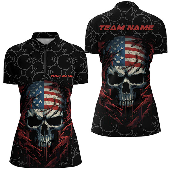 Maxcorners Custom American Flag Skull Bowling Shirts For Men, Patriotic Team Bowling Jerseys