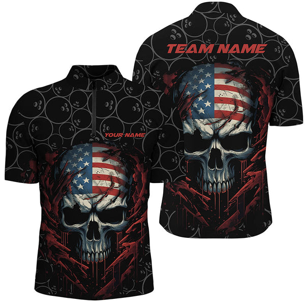 Maxcorners Custom American Flag Skull Bowling Shirts For Men, Patriotic Team Bowling Jerseys