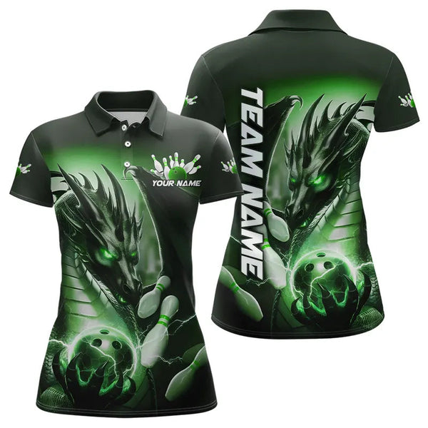 Maxcorners Green Lightning Custom Dragon Bowling Polo Shirts For Women, Bowling Tournament Team Uniform