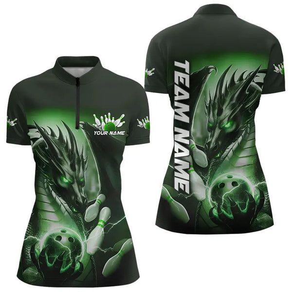 Maxcorners Green Lightning Custom Dragon Bowling Polo Shirts For Women, Bowling Tournament Team Uniform