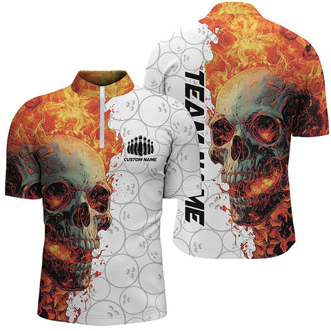 MaxCorners Bowling And Pins Flame Skull Ball Pattern Bowler Jerseys Customized Name, Team Name 3D Stand Collar Zipper Polo Shirt For Men