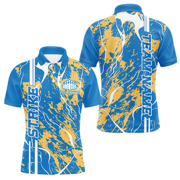 Maxcorners Custom Azure Blue And Yellow Camo Strike Bowling Shirt, Men Bowling League Team Jerseys