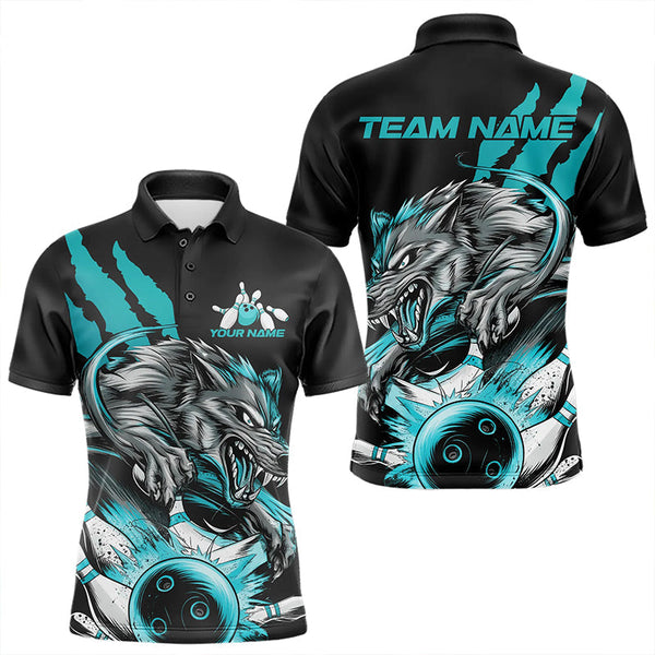 Maxcorners Custom Black And Blue Wolf Bowling Men Polo Shirts, Wolf Scratch Bowling Team League Shirt