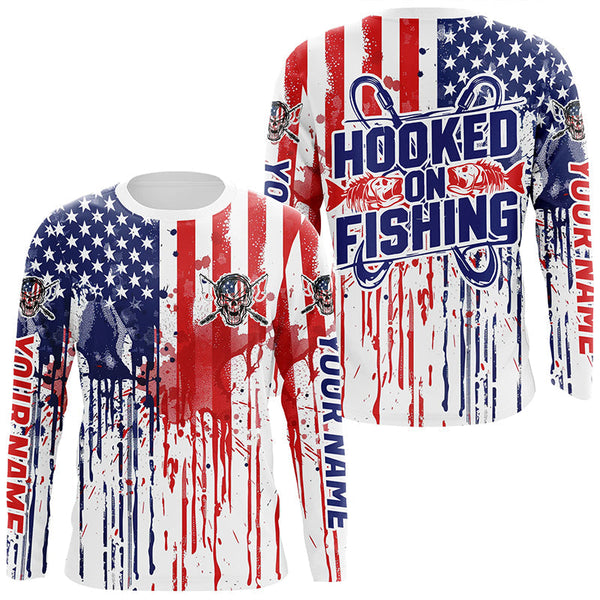 Maxcorners Hooked On Fishing Custom Skull Fishing Shirts, American Flag Patriotic Long Sleeve Fishing Shirt MT2108