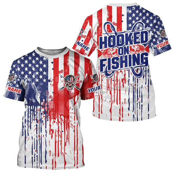 Maxcorners Hooked On Fishing Custom Skull Fishing Shirts, American Flag Patriotic Long Sleeve Fishing Shirt MT2108
