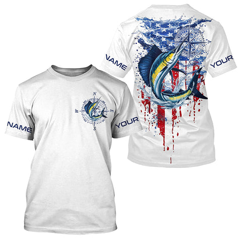 Maxcorners American Flag Sailfish Fishing Custom Long Sleeve Fishing Shirts, Patriotic Saltwater Fishing Shirt MT2108