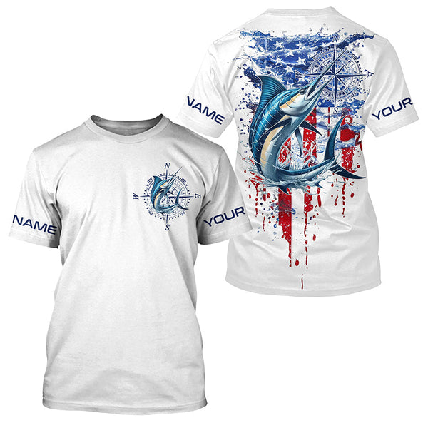 Maxcorners American Flag Marlin Fishing Custom Long Sleeve Fishing Shirts, Patriotic Saltwater Fishing Shirt MT2108