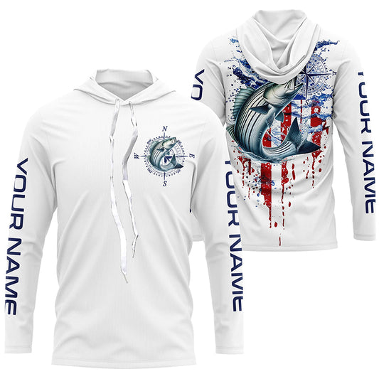 Maxcorners American Flag Striped Bass Fishing Custom Long Sleeve Shirts, Patriotic Saltwater Fishing Shirt LM0501