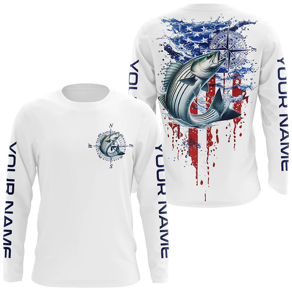 Maxcorners American Flag Striped Bass Fishing Custom Long Sleeve Shirts, Patriotic Saltwater Fishing Shirt MT2108