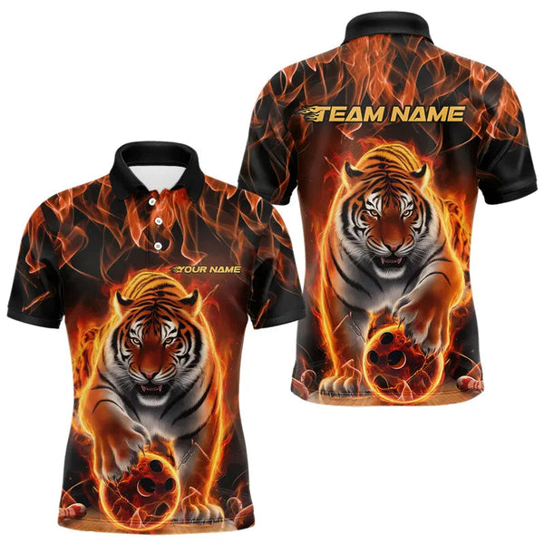 Maxcorners Custom Flame Tiger Bowling Team Polo Shirts For Men, Fire Bowling Jerseys Bowlers Outfit