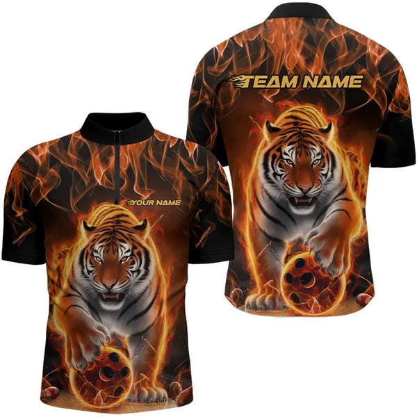 Maxcorners Custom Flame Tiger Bowling Team Polo Shirts For Men, Fire Bowling Jerseys Bowlers Outfit