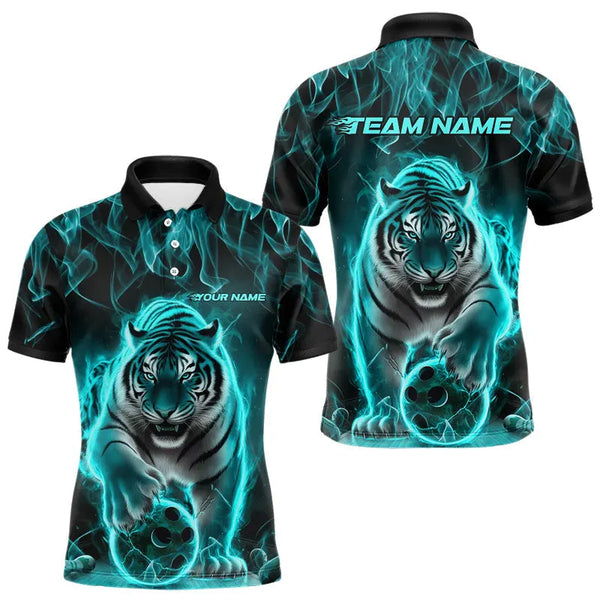 Maxcorners Custom Black And Cyan Flame Tiger Bowling Team Polo Shirts For Men, Fire Bowling Jerseys