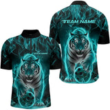 Maxcorners Custom Black And Cyan Flame Tiger Bowling Team Polo Shirts For Men, Fire Bowling Jerseys