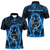 Maxcorners Custom Black And Blue Flame Tiger Bowling Team Polo Shirts For Men, Fire Bowling Jerseys