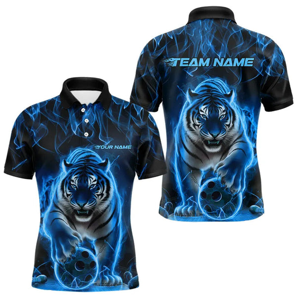 Maxcorners Custom Black And Blue Flame Tiger Bowling Team Polo Shirts For Men, Fire Bowling Jerseys
