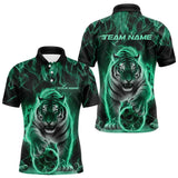 Maxcorners Custom Black And Green Flame Tiger Bowling Team Polo Shirts For Men, Fire Bowling Jerseys