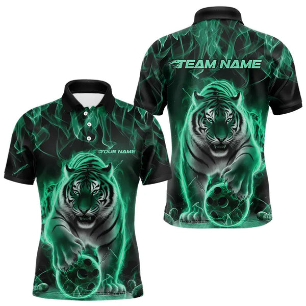 Maxcorners Custom Black And Green Flame Tiger Bowling Team Polo Shirts For Men, Fire Bowling Jerseys