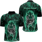 Maxcorners Custom Black And Green Flame Tiger Bowling Team Polo Shirts For Men, Fire Bowling Jerseys