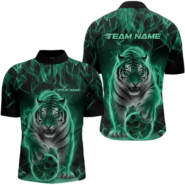 Maxcorners Custom Black And Green Flame Tiger Bowling Team Polo Shirts For Men, Fire Bowling Jerseys