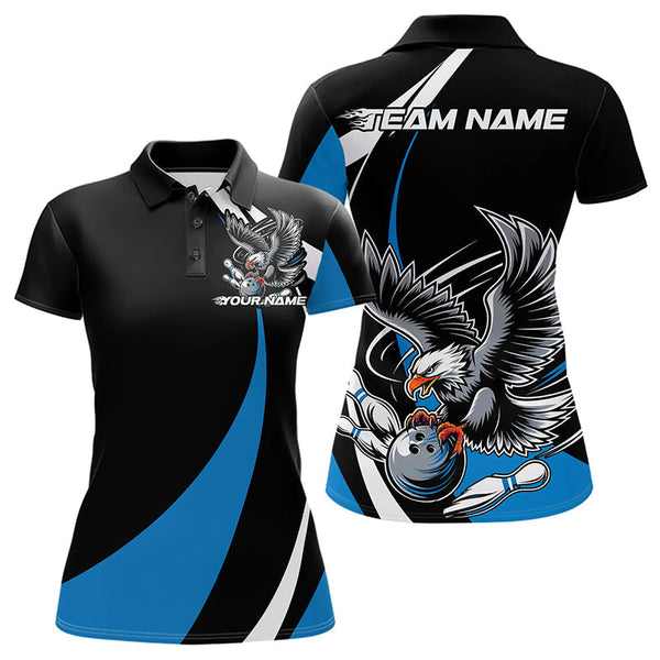 Maxcorners Custom Black And Blue Eagle Bowling Men Polo Shirts, Eagle Bowling Team Jerseys