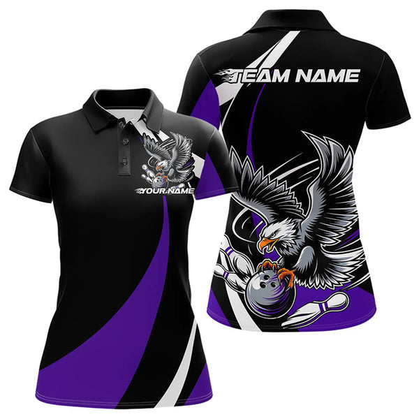 Maxcorners Custom Black And Purple Eagle Bowling Men Polo Shirts, Eagle Bowling Team Jerseys