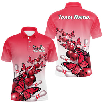 Maxcorners Custom Red Gradient Butterfly Bowling Men Polo Shirts For Team, Bowling League Shirt LM2602