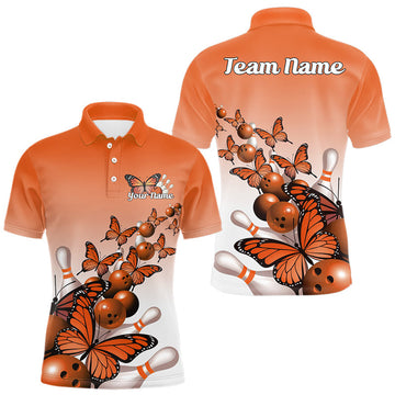 Maxcorners Custom Orange Gradient Butterfly Bowling Men Polo Shirts For Team, Bowling League Shirt LM2602