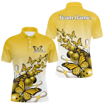 Maxcorners Custom Yellow Gradient Butterfly Bowling Men Polo Shirts For Team, Bowling League Shirt LM2602